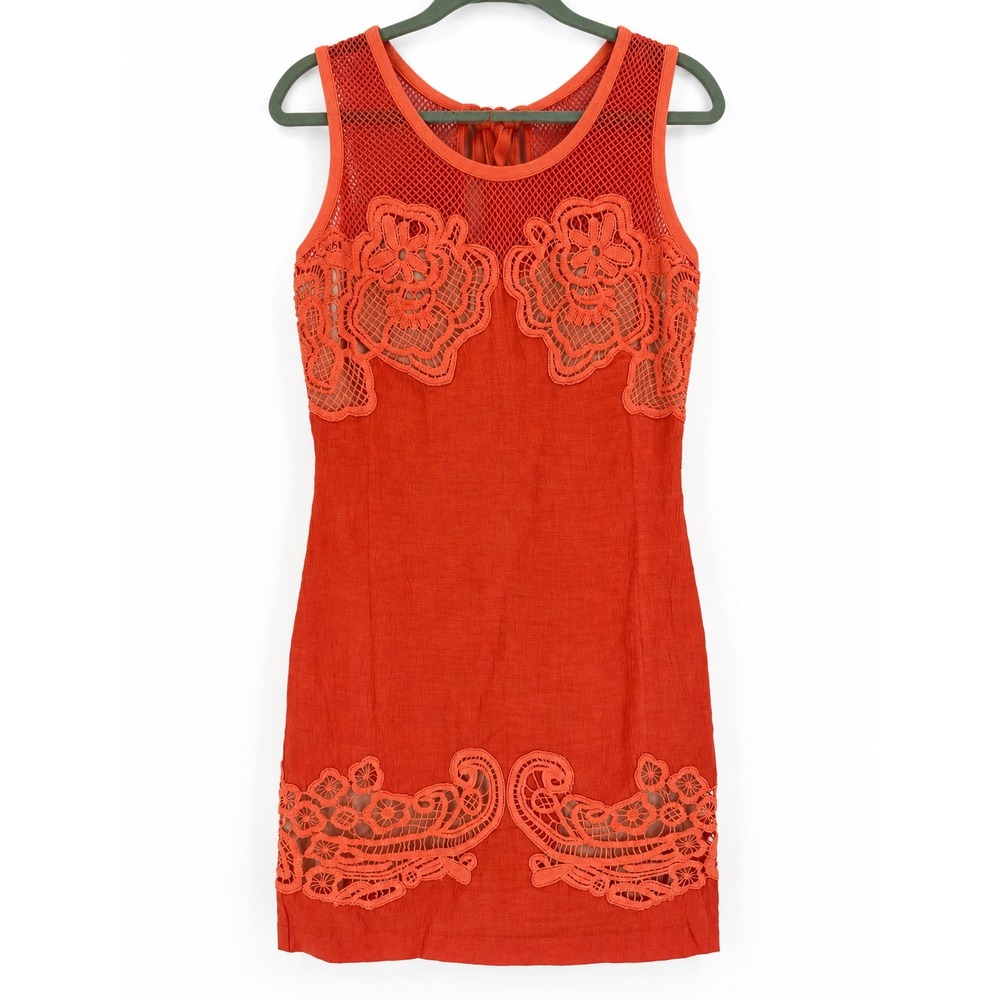 Tracy Reese Lace Mesh Mini Dress Womens XS Orange Sleeveless Boho Chic